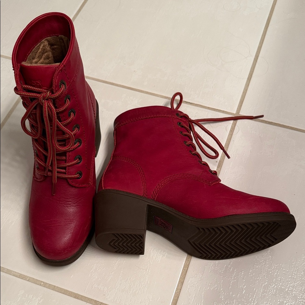 Elegant Red Leather Lace-Up Women's Boots - Picture 2 of 5